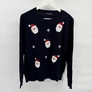 Women's Embellished Black Sweater with Sequin Santa Design